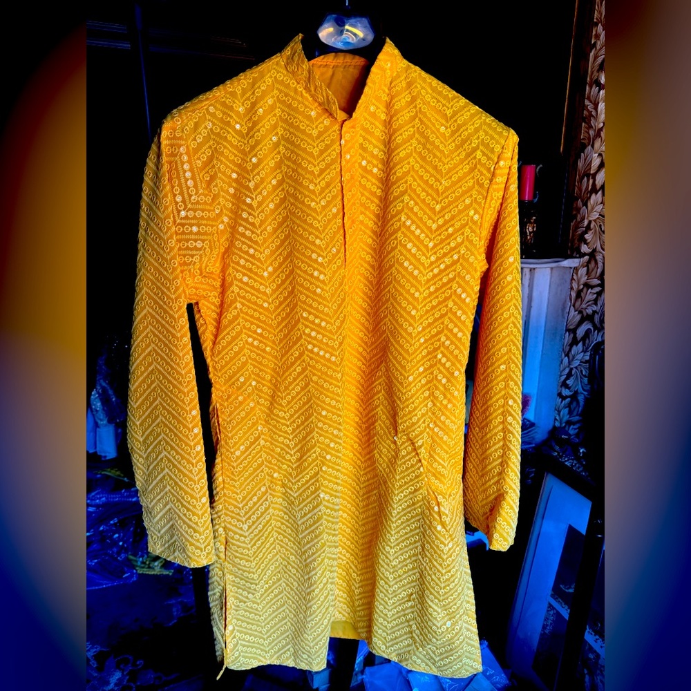 Vibrant Yellow Embroidered Handmade Luxury Kurta - Size 42 - Picture 1 of 15